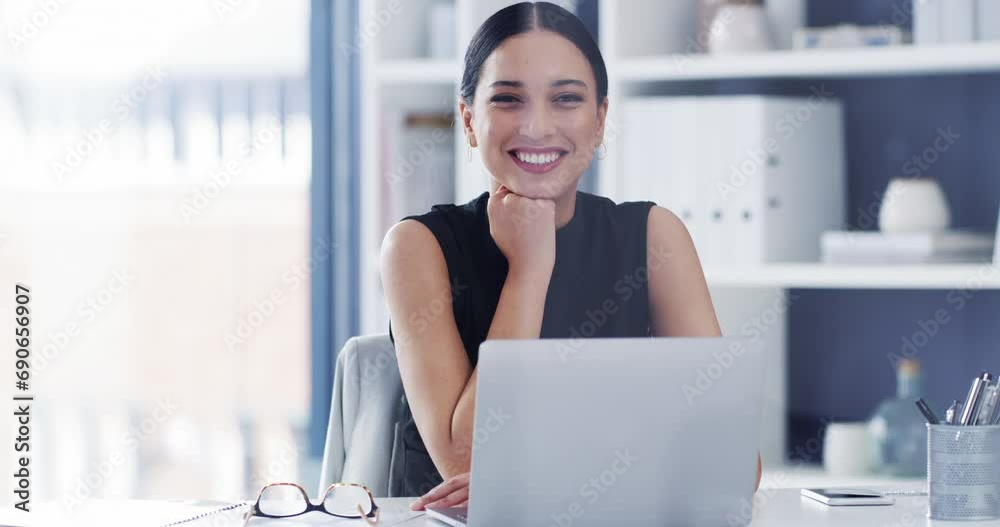 Face, business woman and smile at laptop in office for professional career, pride and corporate law firm. Portrait of happy employee, lawyer and attorney working on computer at desk in legal agency