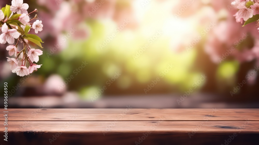 The empty wooden table top with blur spring background. Generative AI. The empty wooden table top with blur spring background. Generative AI.