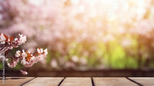 The empty wooden table top with blur spring background. Generative AI.