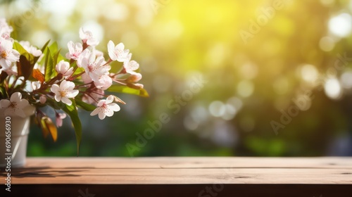 The empty wooden table top with blur spring background. Generative AI. © æ Enterprises