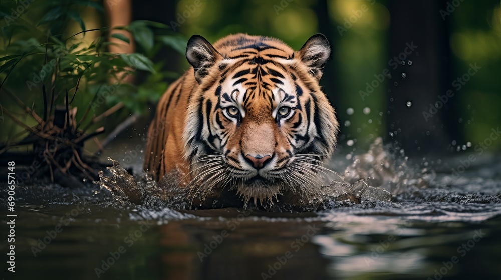 A dangerous predator, siberian tiger panthera tigris altaica, swims in the water in front of the photographer. beautiful wild animal being cared for in its natural habitat of green taiga forest.