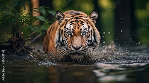 A dangerous predator, siberian tiger panthera tigris altaica, swims in the water in front of the photographer. beautiful wild animal being cared for in its natural habitat of green taiga forest.