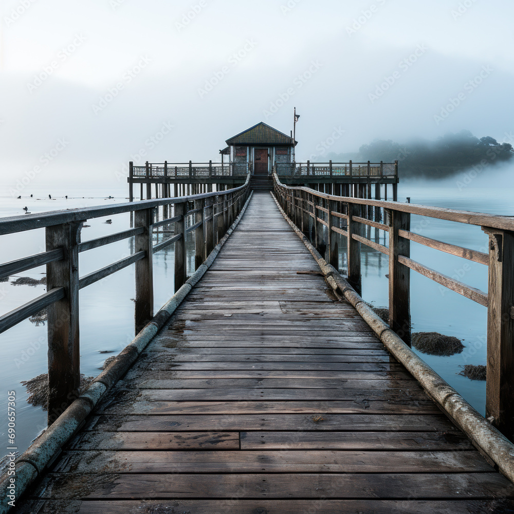 Naklejka premium Foggy Pier Extending into Calm Sea