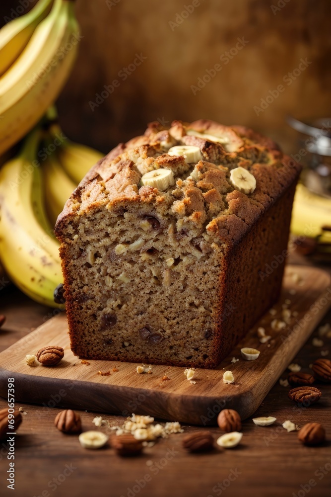 Banana bread on the table on brown background, cake with banana, cake with fruits and nuts, Banana cake with raisins, bread with banana, bread with seeds and banana