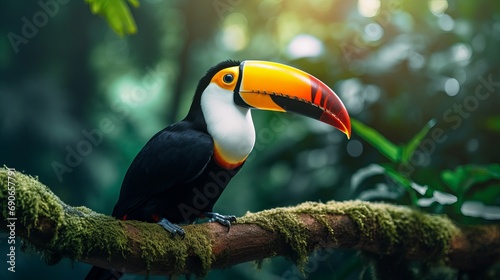 A shot that focuses only on the toucan while it's standing on a tree branch