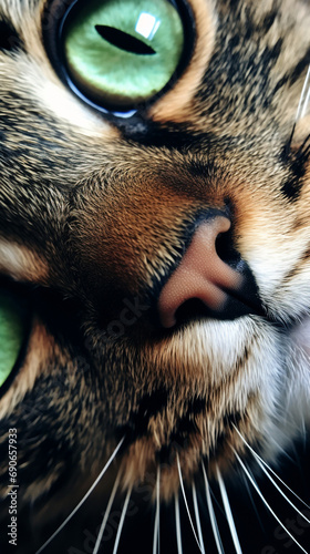 an extreme closeup of a cat looking at the camera lens created with Generative Ai