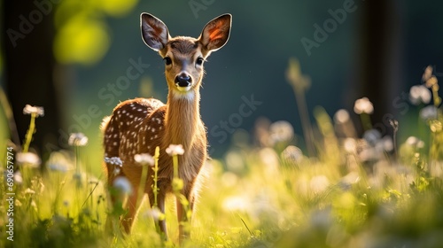 Green grass and roe deer are present in a field in finland.