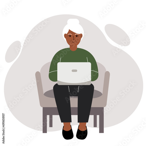 A woman sits in a chair with a laptop. Vector