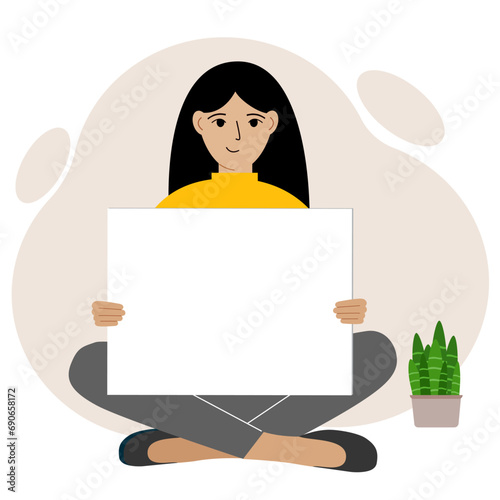 A woman sits cross-legged and holds a large white sheet with space for text. Advertising, poster, information, announcement.