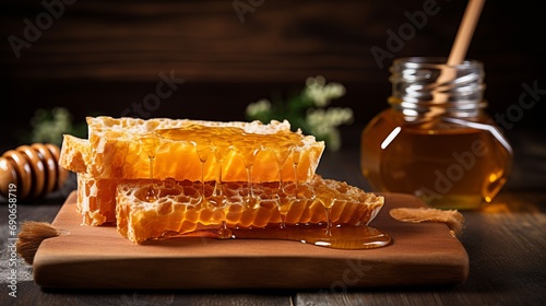A wooden board is used to hold a wax honeycomb with honey behind a jar of honey photo