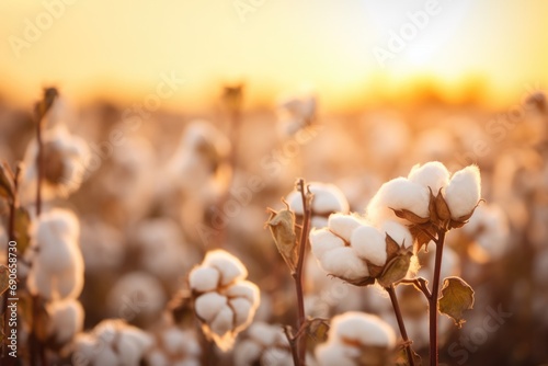 Dreamy Cotton Field Under Golden Sunset - Macro Close-ups of Plants Ready for Harvest. An Agriculture Crop of Cash and Fiber in the Fall Environment