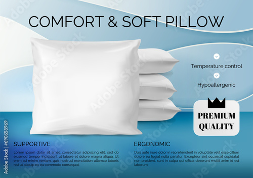 Pillow ad banner. Comfortable 3D cushions heap. Sleep comfort. Soft hypoallergenic bedding. Bedroom relaxation. Ergonomic accessory. Premium quality. Cotton pillowcase. Vector advertising background