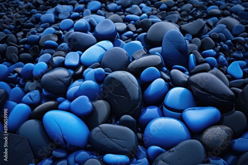 Blue Rock Coastline. Dark Blue Rocks and Pebbles on Oregon's Beach Shore