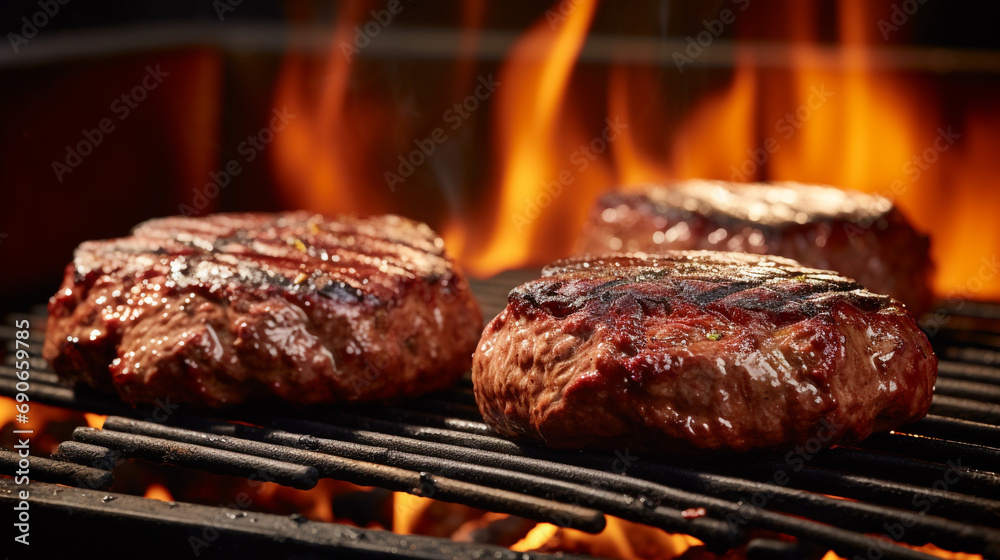Juicy beef patties for hamburgers being grilled on a grill grate with flames underneath created with Generative Ai Juicy beef patties for hamburgers being grilled on a grill grate with flames underneath created with Generative Ai