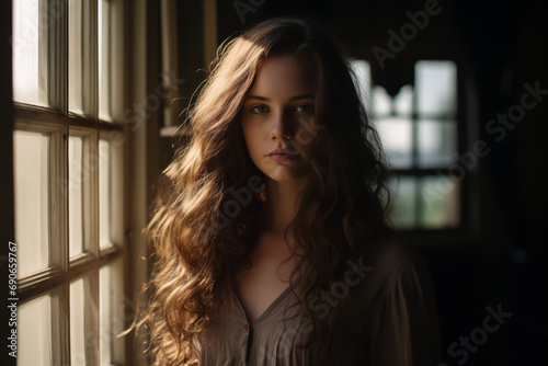 In a portrayal of emotional sensitivity, a young woman stands near a window, bathed in soft lighting that enhances the emotive tone of the portrait. Generative AI.