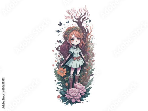 Watercolor Cute Anime Girl  With flowers  Fantasy Art  With Her Dog Friend  Vector Illustration Clipart