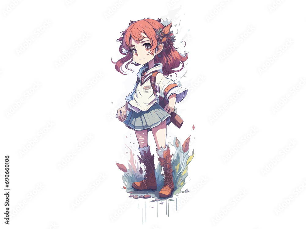 Watercolor Cute Anime Girl, With flowers, Fantasy Art, With Her Dog Friend, Vector Illustration Clipart Watercolor Cute Anime Girl, With flowers, Fantasy Art, With Her Dog Friend, Vector Illustration Clipart