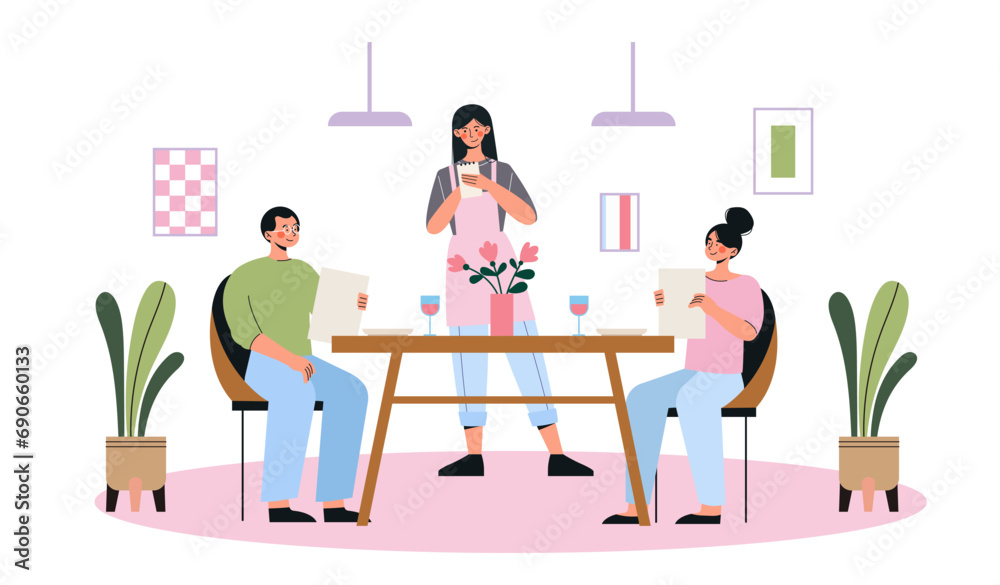 People visiting restaurant concept. Cafe staff with visitors at table. Man and woman at romantic meeting. Waiter with clients. Cartoon flat vector illustration isolated on white background