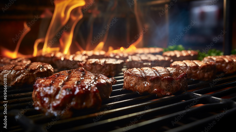 Juicy beef patties for hamburgers being grilled on a grill grate with flames underneath created with Generative Ai Juicy beef patties for hamburgers being grilled on a grill grate with flames underneath created with Generative Ai