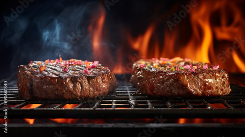 Juicy beef patties for hamburgers being grilled on a grill grate with flames underneath created with Generative Ai