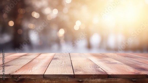 The empty wooden table top with blur winter background. Generative AI