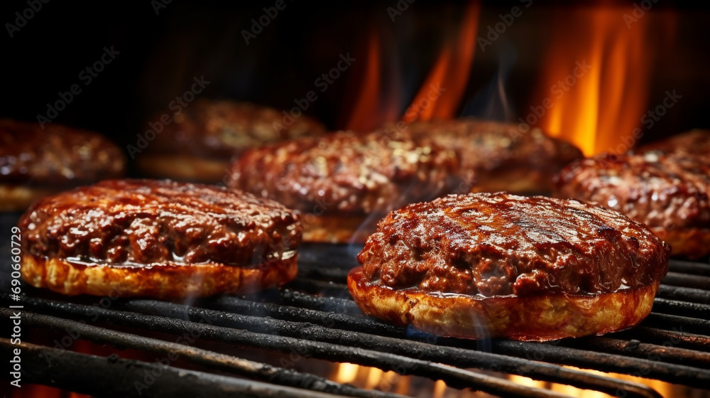 Juicy beef patties for hamburgers being grilled on a grill grate with flames underneath created with Generative Ai Juicy beef patties for hamburgers being grilled on a grill grate with flames underneath created with Generative Ai