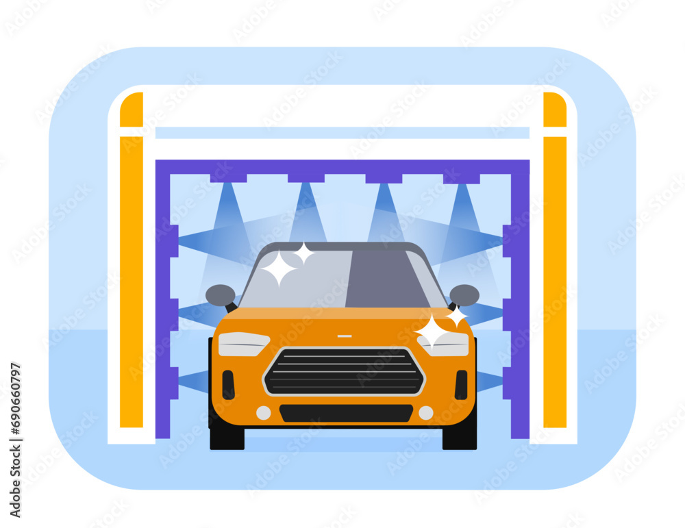 Wash car service concept. Yellow automobile under water flow indoor. Auto service and cleaning, hygiene for vehicles. Cartoon flat vector illustration isolated on blue background Wash car service concept. Yellow automobile under water flow indoor. Auto service and cleaning, hygiene for vehicles. Cartoon flat vector illustration isolated on blue background