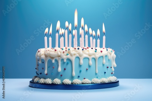 Elegant White Birthday Cake with Lit Candles and Blue Icing