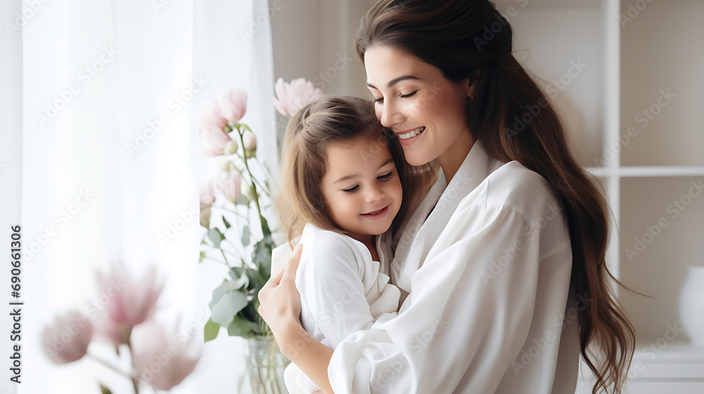 happy mother and daughter hugging in room with tulips happy mother and daughter hugging in room with tulips