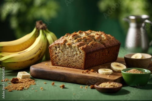 Banana bread on the table on green background, cake with nuts, cake with raisins, cake with nuts and raisins, banana nut muffin, banana cake, bread with raisins and nuts, cake with chocolate