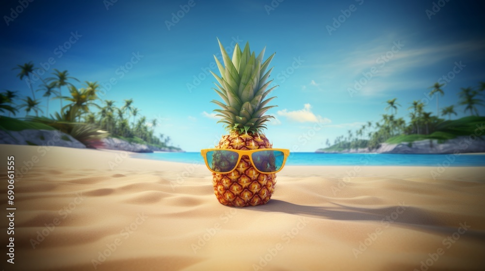 Obraz premium Pineapple in the sand on the beach cartoon.