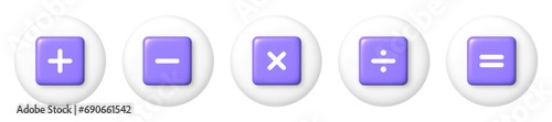 Purple arithmetic icons on white button. 3D vector illustration.