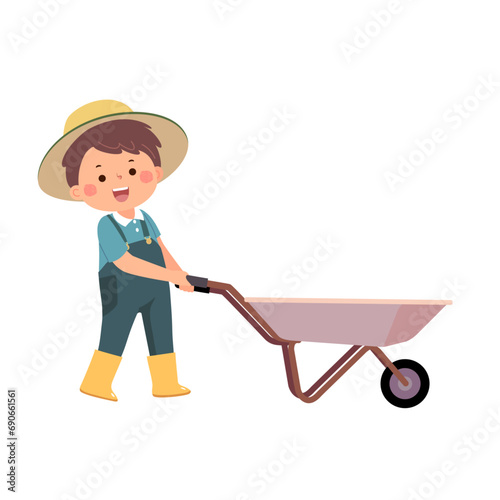 Little boy gardener pushing empty wheelbarrow