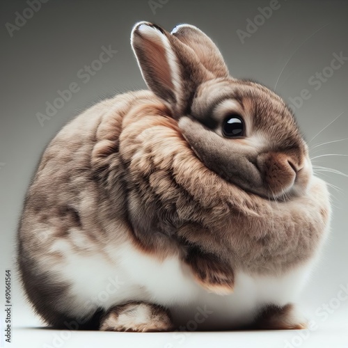 A cute brown and white bunny rabbit sitting on a white surface with a gray background. The bunny is looking at the camera with its head tilted to the side.