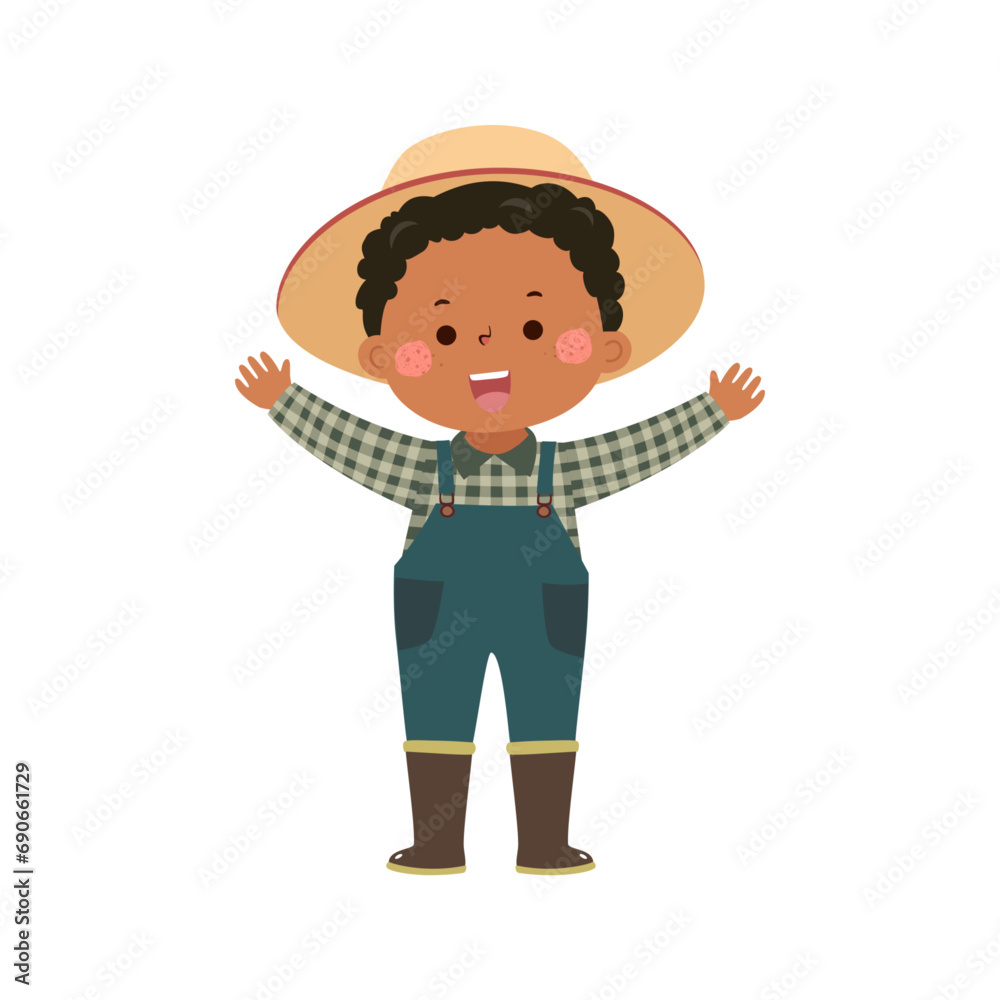 Little gardener with raised hands up Little gardener with raised hands up