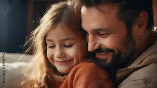 Cute little girl and her handsome father are hugging and smiling while spending time together at home