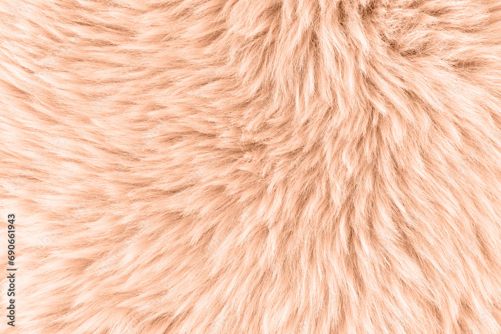 Natural sheepskin fur texture as background in trendy color 2024 year Peach Fuzz. Detail of sheep skin fur rug. Natural sheepskin fur texture as background in trendy color 2024 year Peach Fuzz. Detail of sheep skin fur rug.