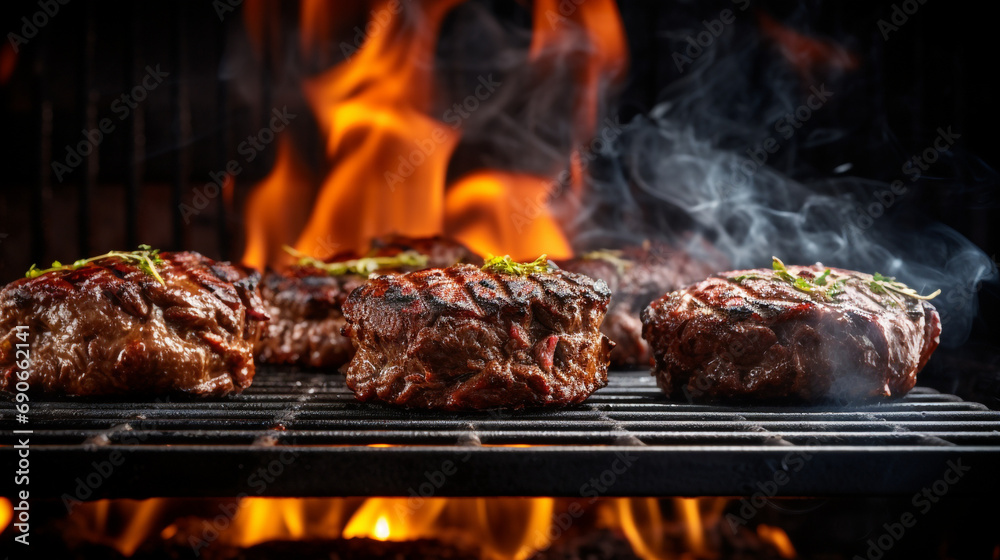 Juicy beef patties for hamburgers being grilled on a grill grate with flames underneath created with Generative Ai Juicy beef patties for hamburgers being grilled on a grill grate with flames underneath created with Generative Ai