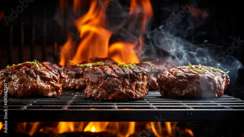 Juicy beef patties for hamburgers being grilled on a grill grate with flames underneath created with Generative Ai