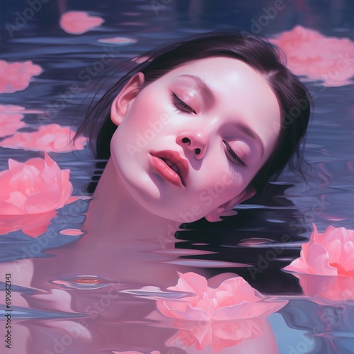 Girl's face is floating on the pink water, gongbi, in the style of by Hsiao Ron Cheng, minimalism, ancient chinese style, sun light, dark pink and light green, bella kotak, colorful animations, smooth photo