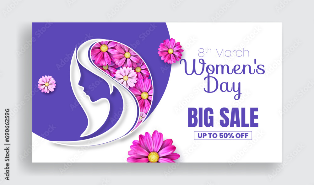 Editable 8 march Women's Day sale banner with realistic floral flower illustration women face silhouette suitable for happy mothers day banner spring greeting card template