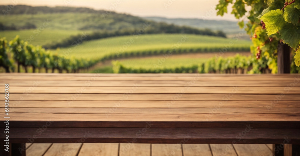 Empty wooden table top with on blurred vineyard landscape background