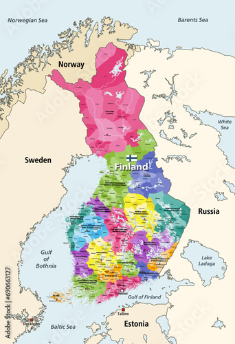 Finland municipalities colored by regions vector map with regions' capitals, surrounded by neighbouring countries and territories photo