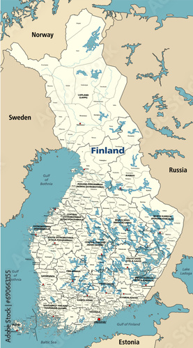 Finland municipalities vector map with regions' capitals, surrounded by neighbouring countries and territories. photo