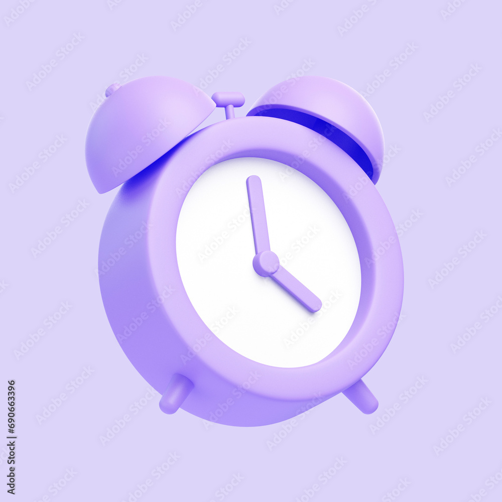 Purple alarm clock icon isolated on purple background. 3D icon, sign and symbol. Cartoon minimal style. 3D Render Illustration Purple alarm clock icon isolated on purple background. 3D icon, sign and symbol. Cartoon minimal style. 3D Render Illustration