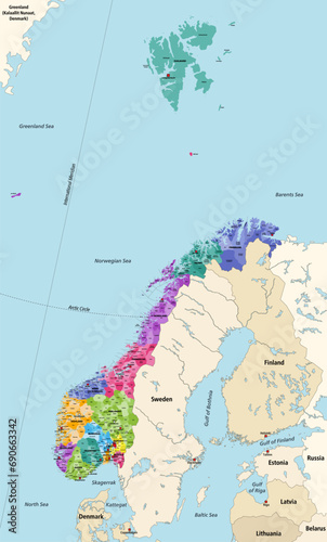 Norway municipalities high detailed vector map colored by administrative regions (counties), with neighbouring countries and territories. All municipalities and capital cities are named photo