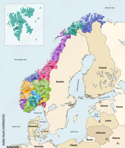 Norway municipalities high detailed vector map colored by administrative regions (counties). Norway surrounded by other countries map photo