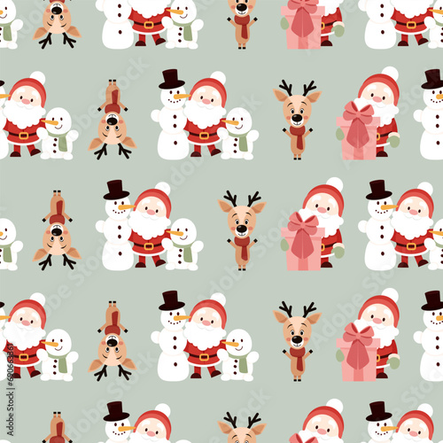 Christmas seamless pattern of Santa Claus, snowmen and reindeer