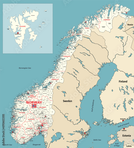 Norway counties and municipalities high detailed vector map with neighbouring countries and territories photo