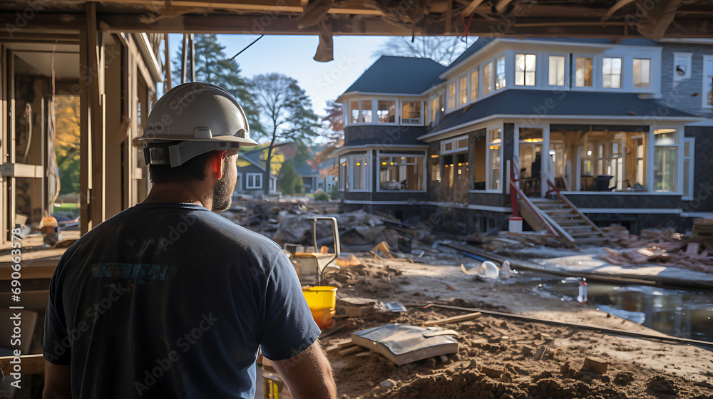 Mason working on a home renovation wearing his safety helmet. View from back side. Mason working on a home renovation wearing his safety helmet. View from back side.